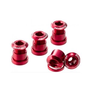 Reverse, Kettenblattschrauben SET, Aluminium, 4 Schrauben, 4 Muttern, 4 Unterlagscheiben 2mm, rot